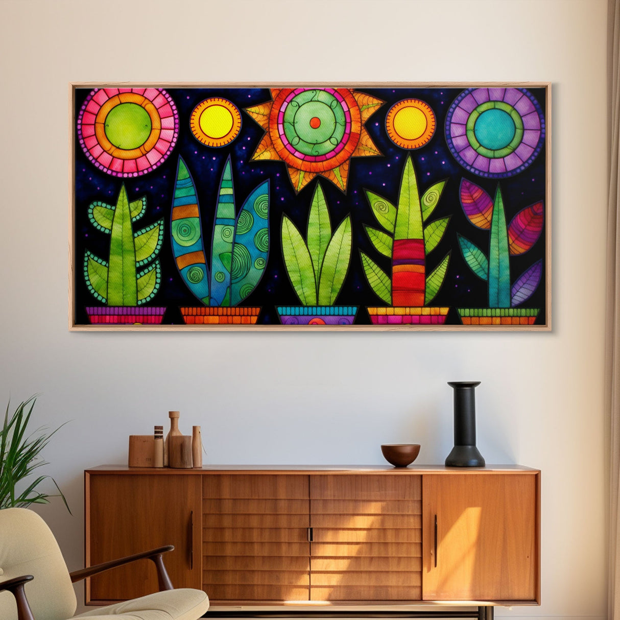 Boho Style Minimalist Arizona Art, Framed Canvas Print, Retro Abstract Succulent Art, Southwest Decor