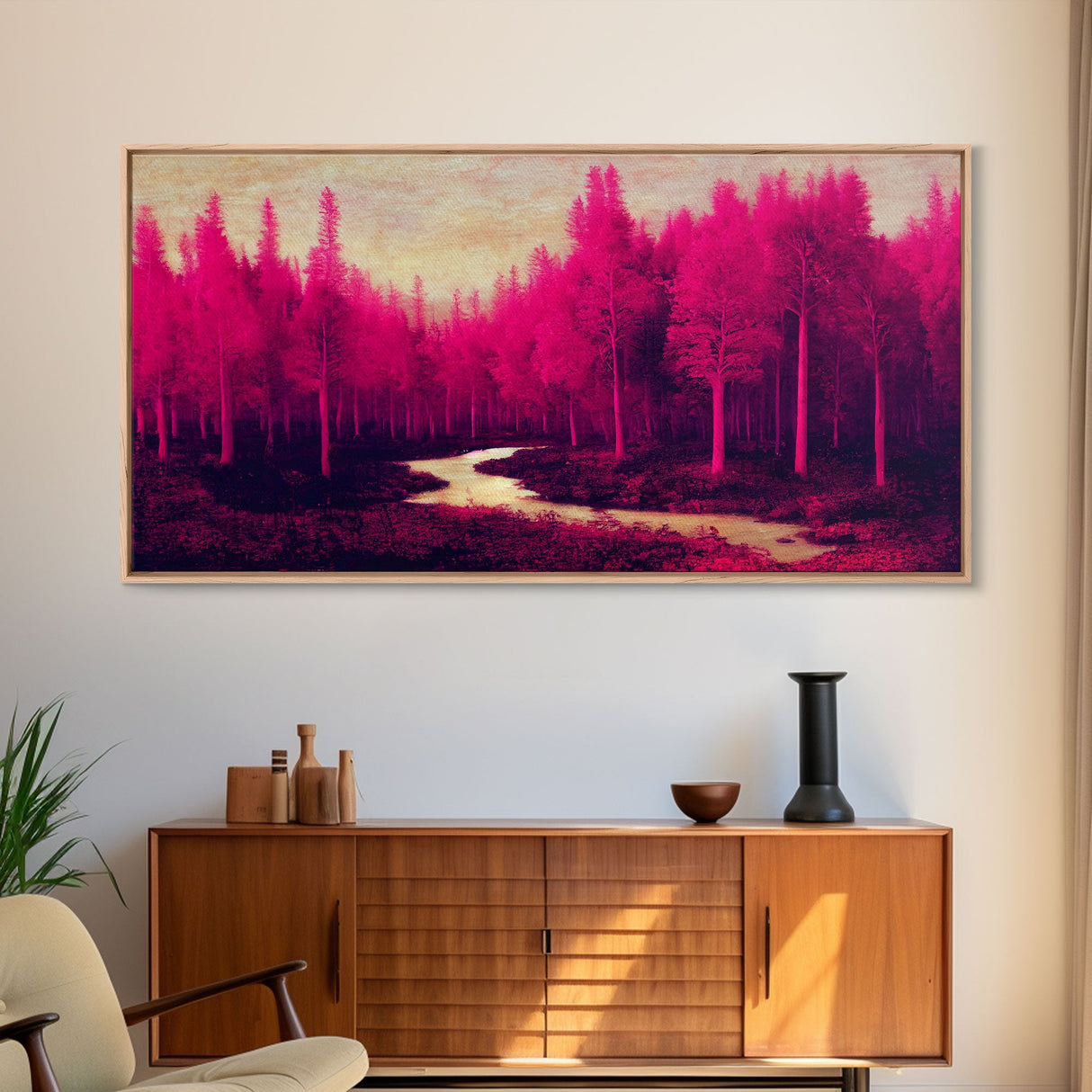 Fuchsia Forest, Surreal Abstract Trippy Psychedelic Art, Ready To Hang Canvas Print, Framed Wall Art