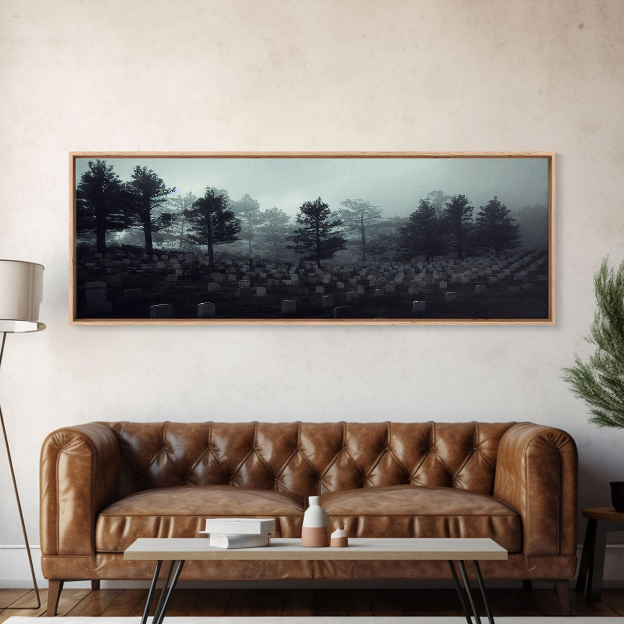 Haunted Cemetery Halloween Art, Extra Large Wall Art, Framed Panoramic Canvas Print, Framed Wall Decor