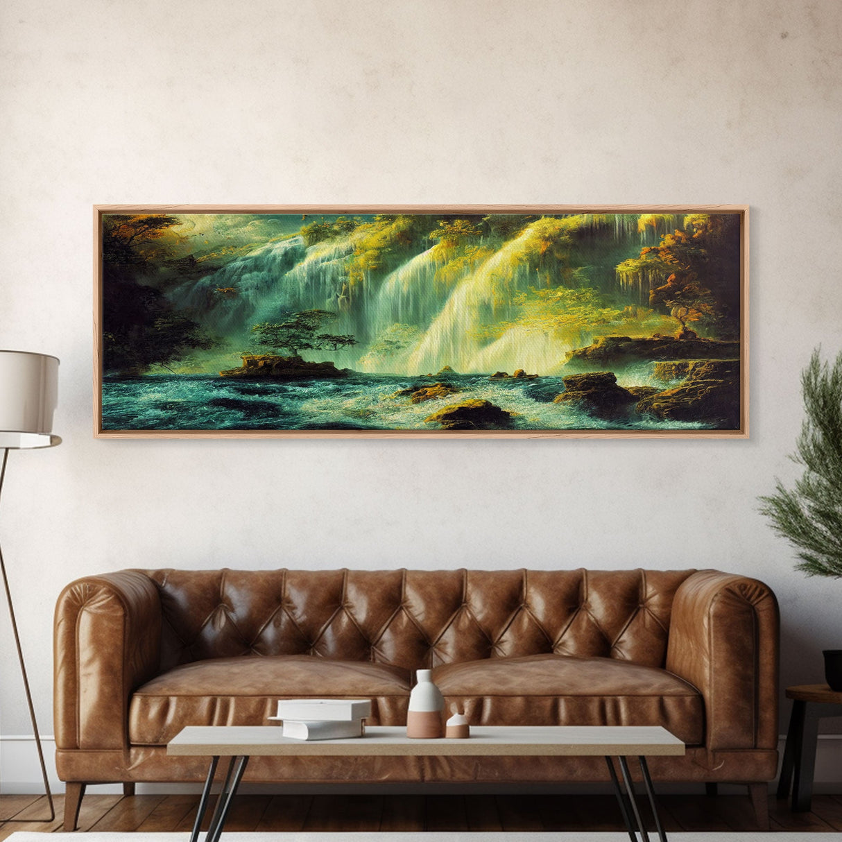 Vintage Style Trees, Forest, Waterfall and Mountain Art, Extra Large Wall Art, Framed Panoramic Canvas Print, Framed Wall Art