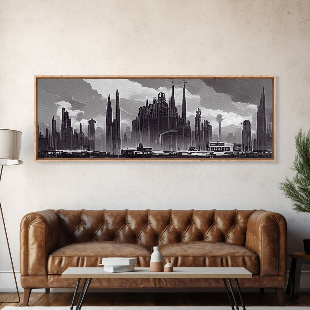 Dystopian Art Deco Style Architecture, Extra Large Wall Art, Framed Panoramic Canvas Print, Framed Wall Decor