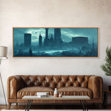 Dystopian Cyberpunk Metropolis, Steampunk Mashup, Extra Large Wall Art, Framed Panoramic Canvas Print, Framed Wall Art