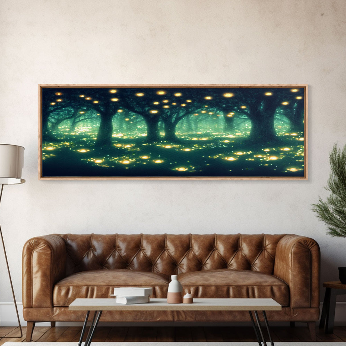 Fantasy Forest At Night With Fireflies, Extra Large Wall Art, Framed Panoramic Canvas Print, Framed Wall Art