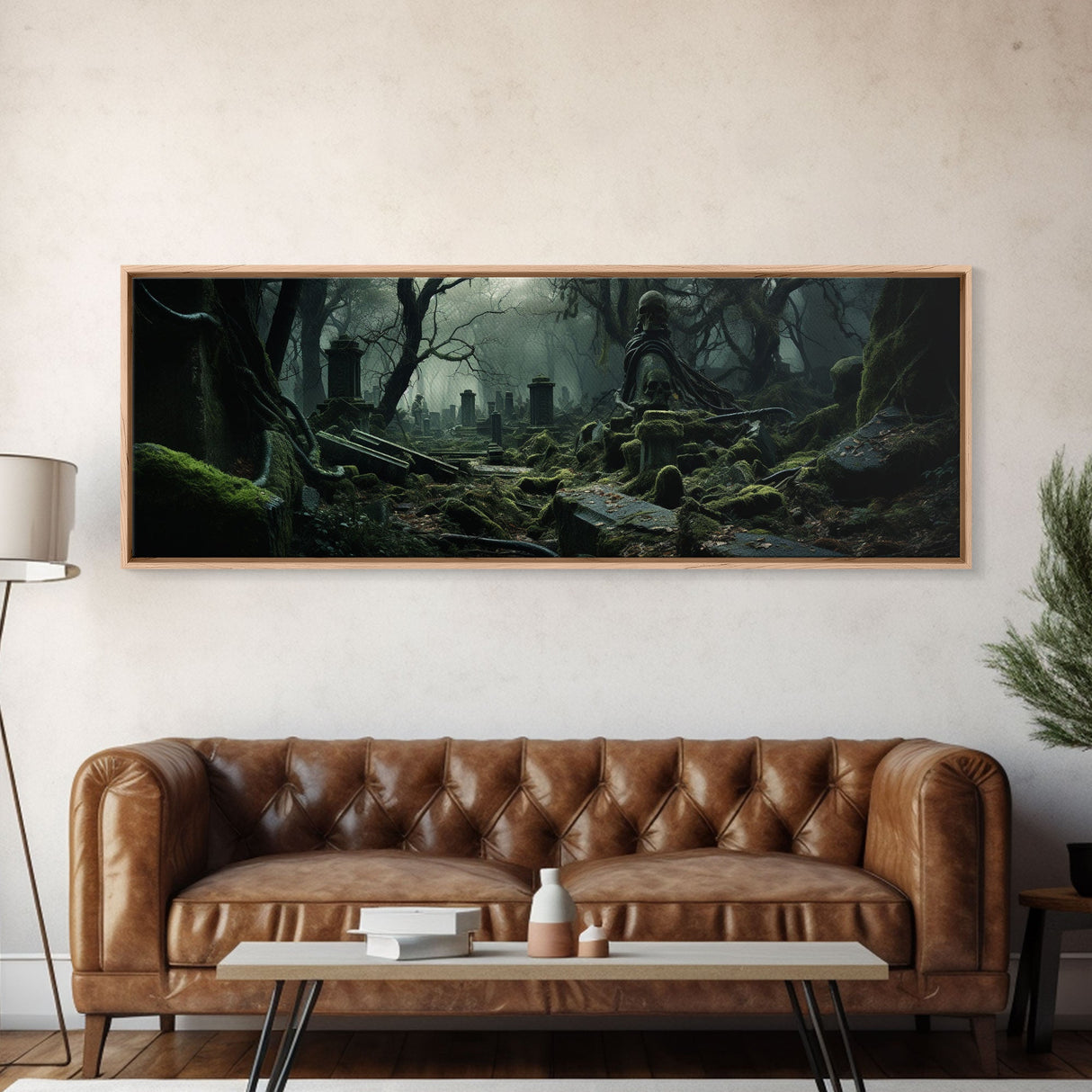 Spooky Overgrown Cemetary Panoramic Canvas Print, Framed Halloween Art, Spooky Decor, Halloween Art, Halloween Wall Art, Halloween Art Print