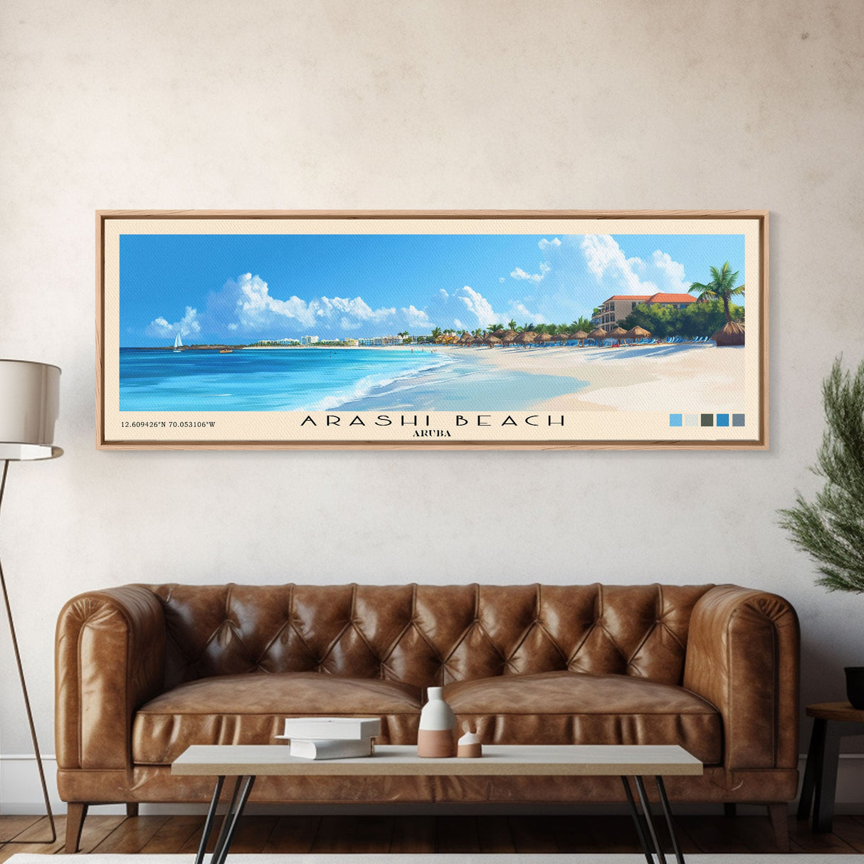 Arashi Beach, Aruba Panoramic Print, Vacation Gift, Aruba Wall Art, Beach Painting, Beach Decor, Large Wall Art, Wood Frame Art