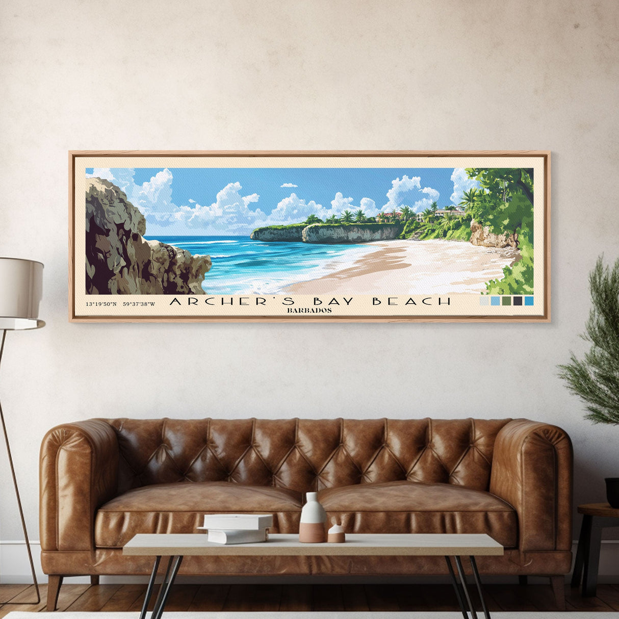 Archer’s Bay Beach, Barbados Panoramic Beach Print, Vacation Gift, Barbados Wall Art, Framed Canvas Print, Framed Beach Painting