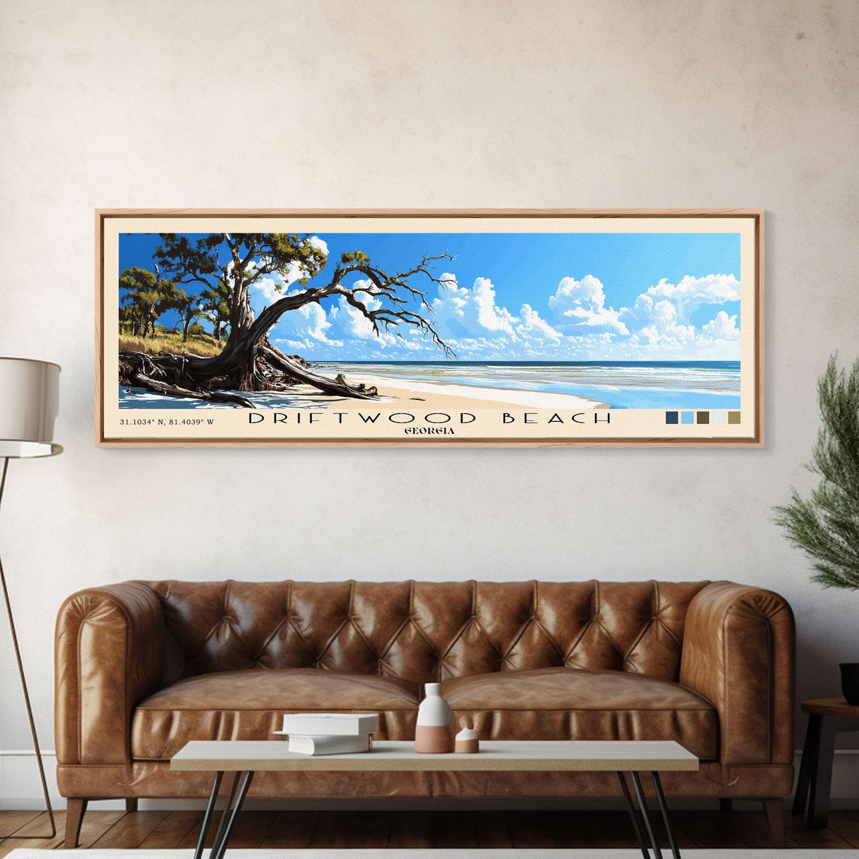 Driftwood Beach, Georgia Panoramic Beach Print, Vacation Gift, Georgia Wall Art, Framed Canvas Print, Framed Beach Painting