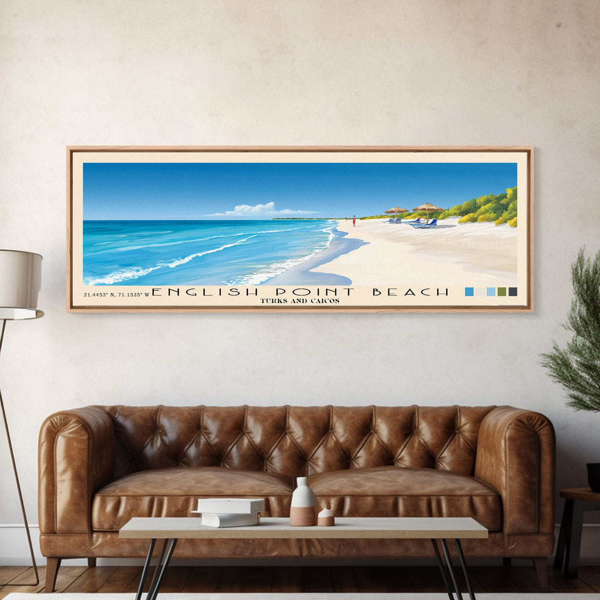 English Point Beach, Turks and Caicos Panoramic Beach Print, Vacation Gift, Turks and Caicos Wall Art, Framed Canvas Print, Framed Beach Painting