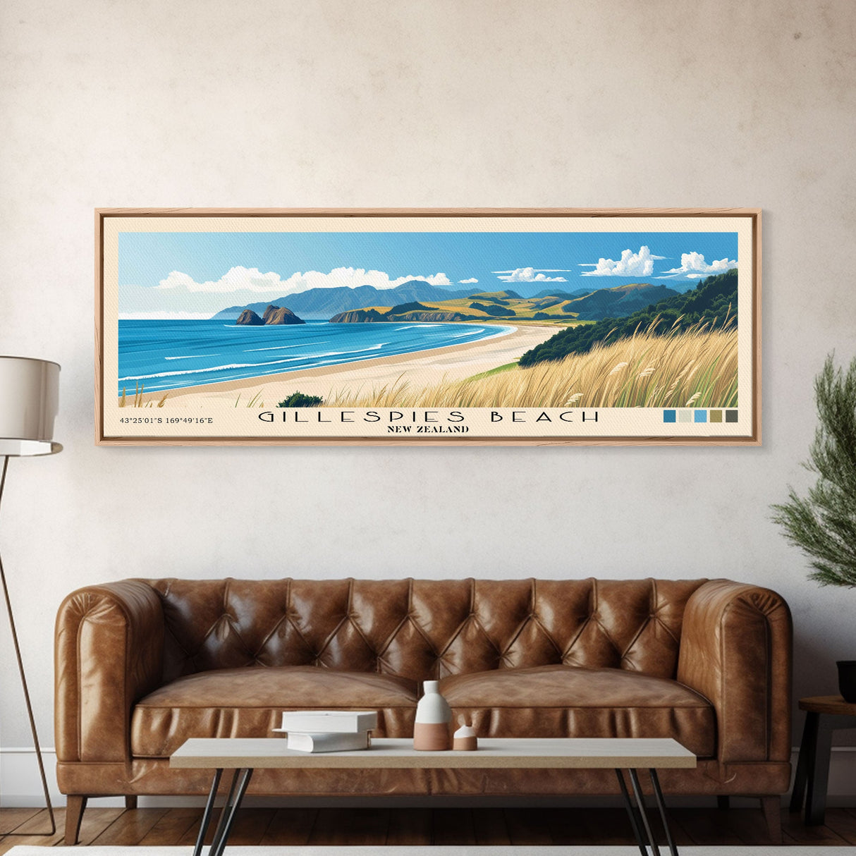 Gillespies Beach, New Zealand Panoramic Beach Print, Vacation Gift, New Zealand Wall Art, Framed Canvas Print, Framed Beach Painting