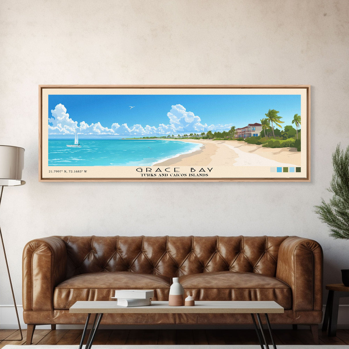 Grace Bay, Turks and Caicos Islands Panoramic Beach Print, Vacation Gift, Turks and Caicos Islands Wall Art, Framed Canvas Print, Framed Beach Painting