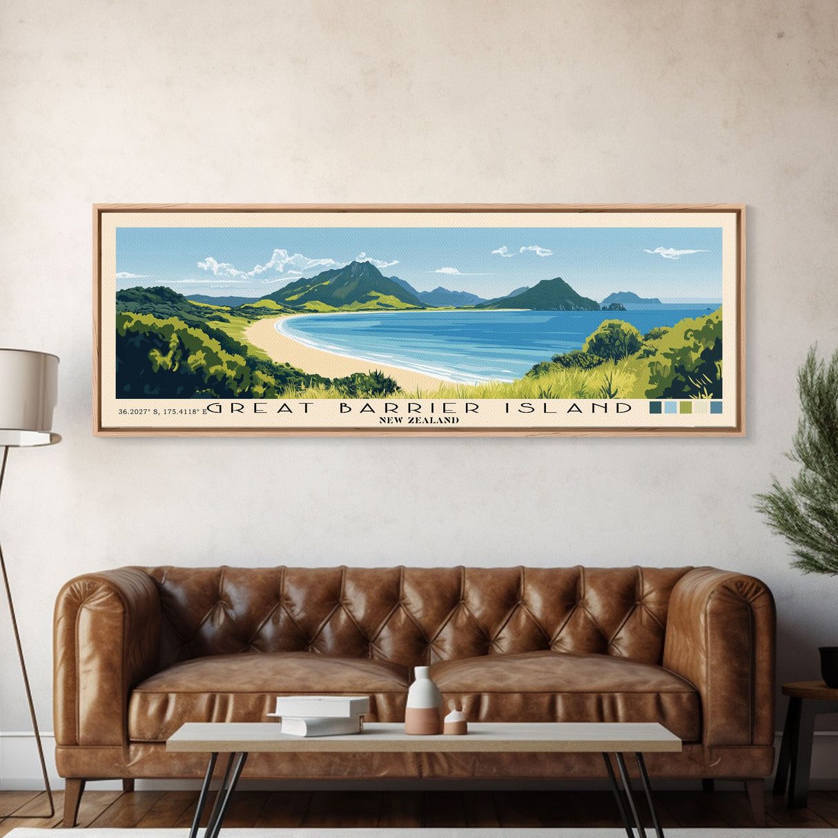 Great Barrier Island, New Zealand Panoramic Print, Vacation Gift, New Zealand Wall Art, Beach Painting, Beach Decor, Large Wall Art, Wood Frame Art