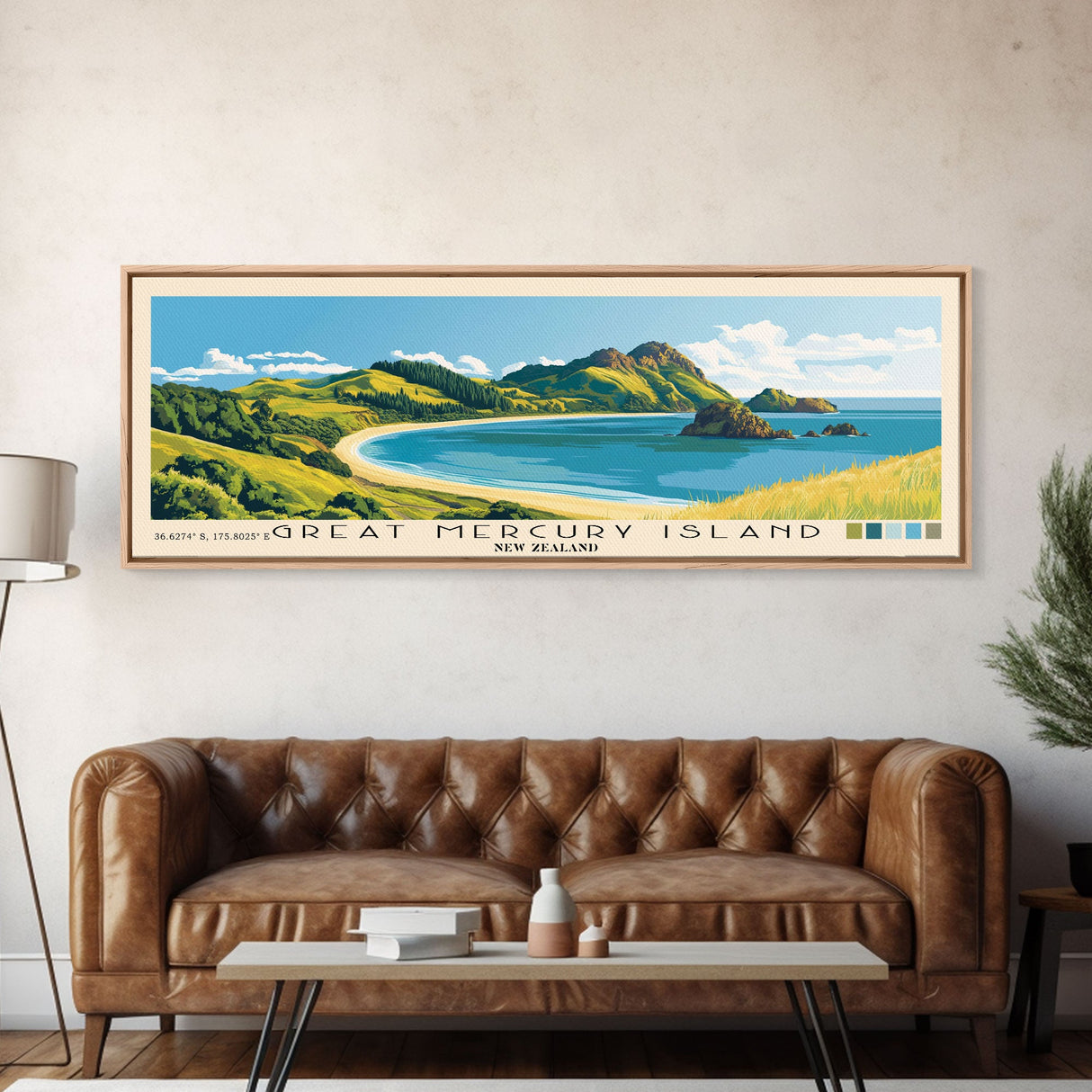 Great Mercury Island, New Zealand Panoramic Beach Print, Vacation Gift, New Zealand Wall Art, Framed Canvas Print, Framed Beach Painting