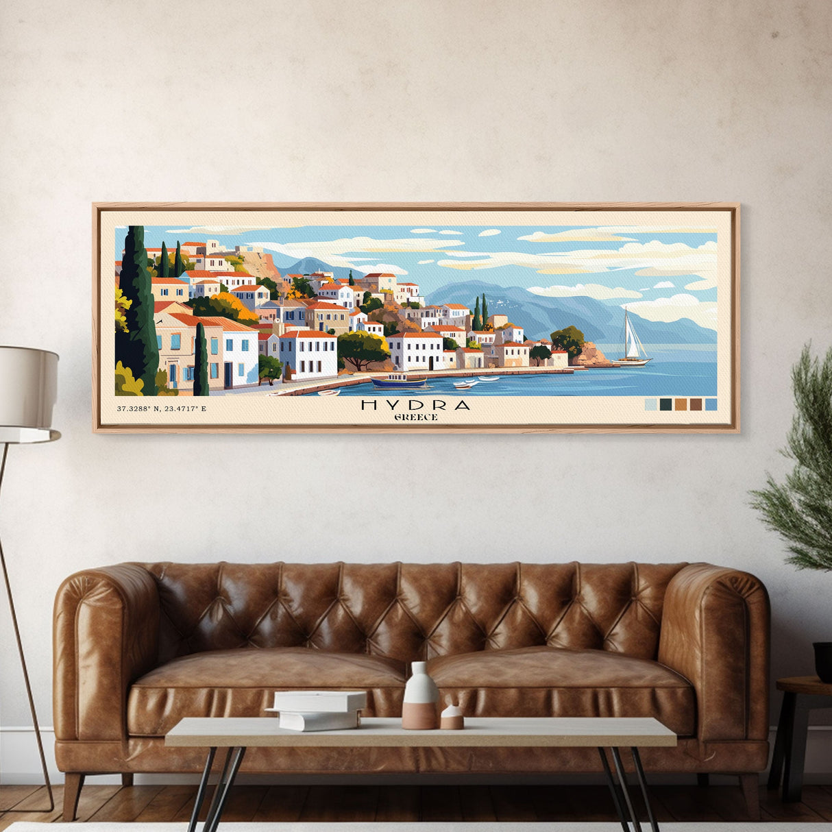 Hydra, Greece Panoramic Beach Print, Vacation Gift, Greece Wall Art, Framed Canvas Print, Framed Beach Painting