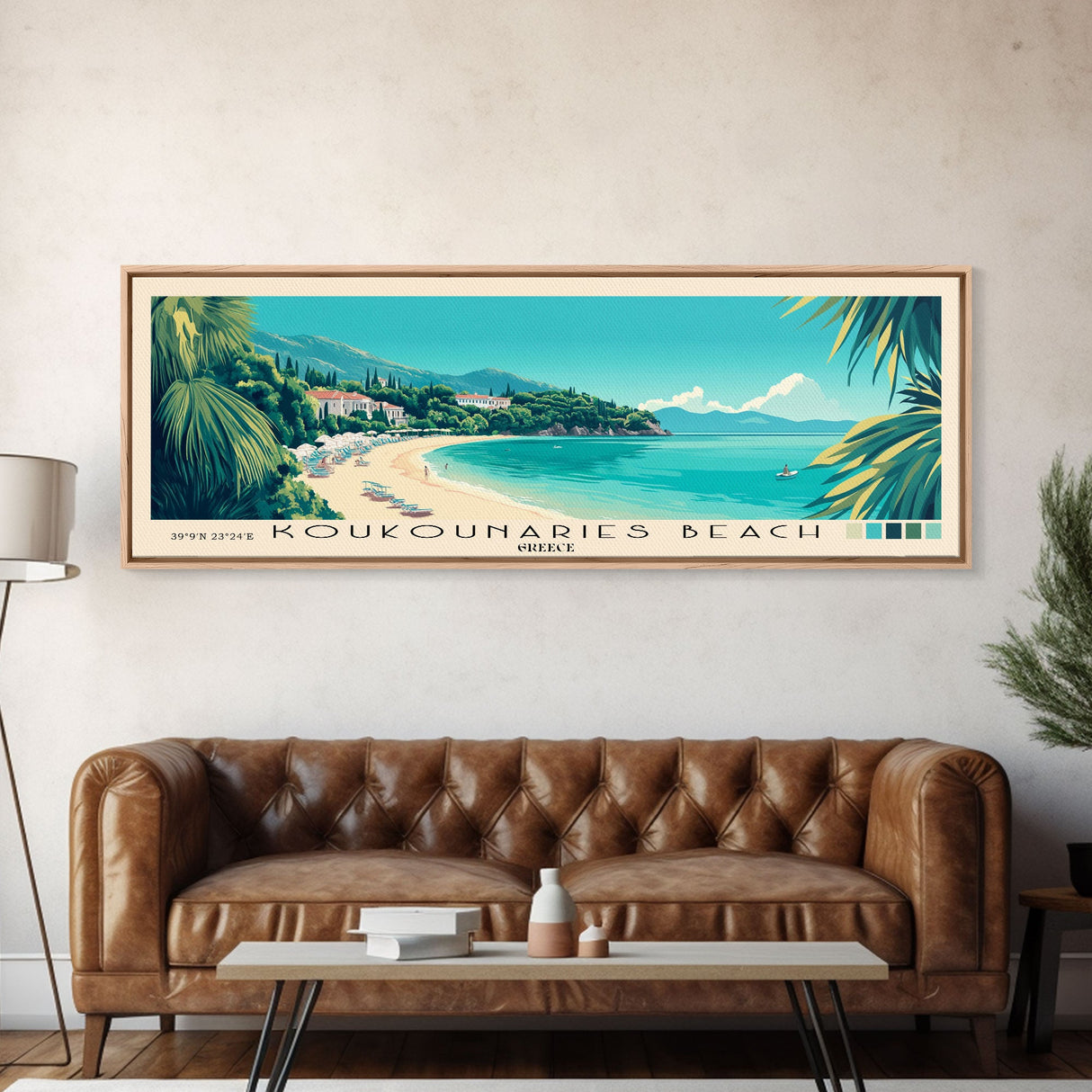 Koukounaries Beach, Greece Panoramic Print, Vacation Gift, Greece Wall Art, Beach Painting, Beach Decor, Large Wall Art, Wood Frame Art