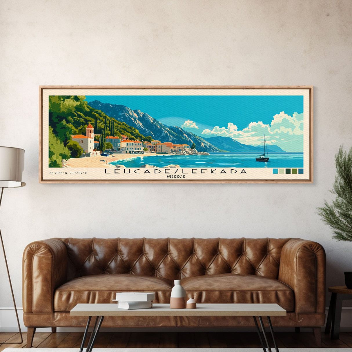 Léucade/Lefkada, Greece Panoramic Beach Print, Vacation Gift, Greece Wall Art, Framed Canvas Print, Framed Beach Painting