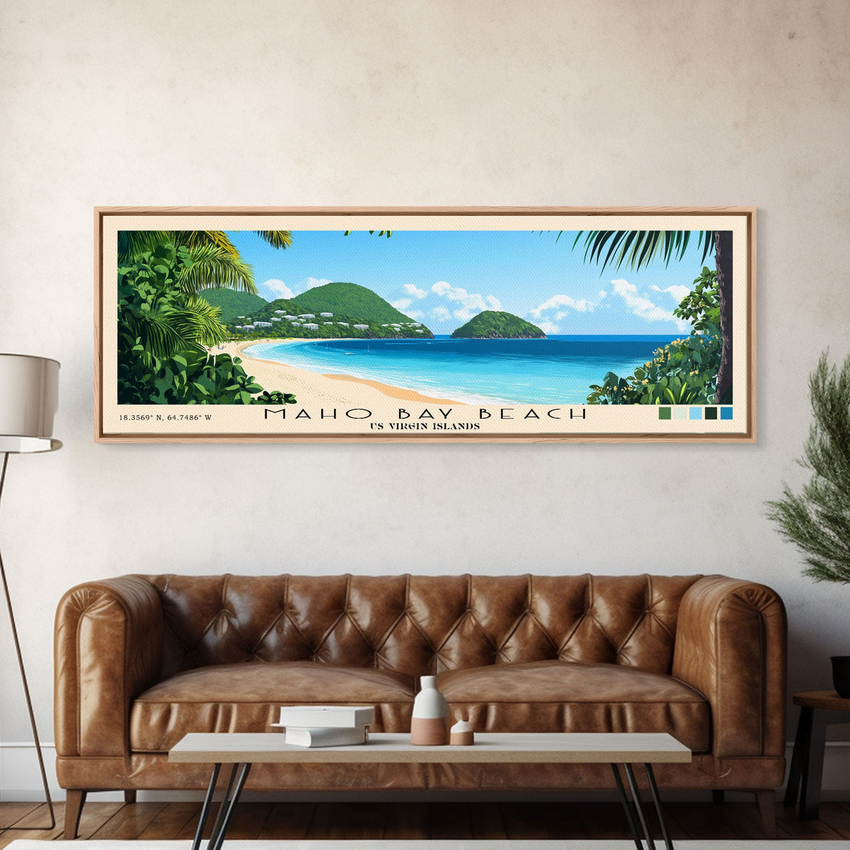 Maho Bay Beach, US Virgin islands Panoramic Beach Print, Vacation Gift, US Virgin islands Wall Art, Framed Canvas Print, Framed Beach Painting