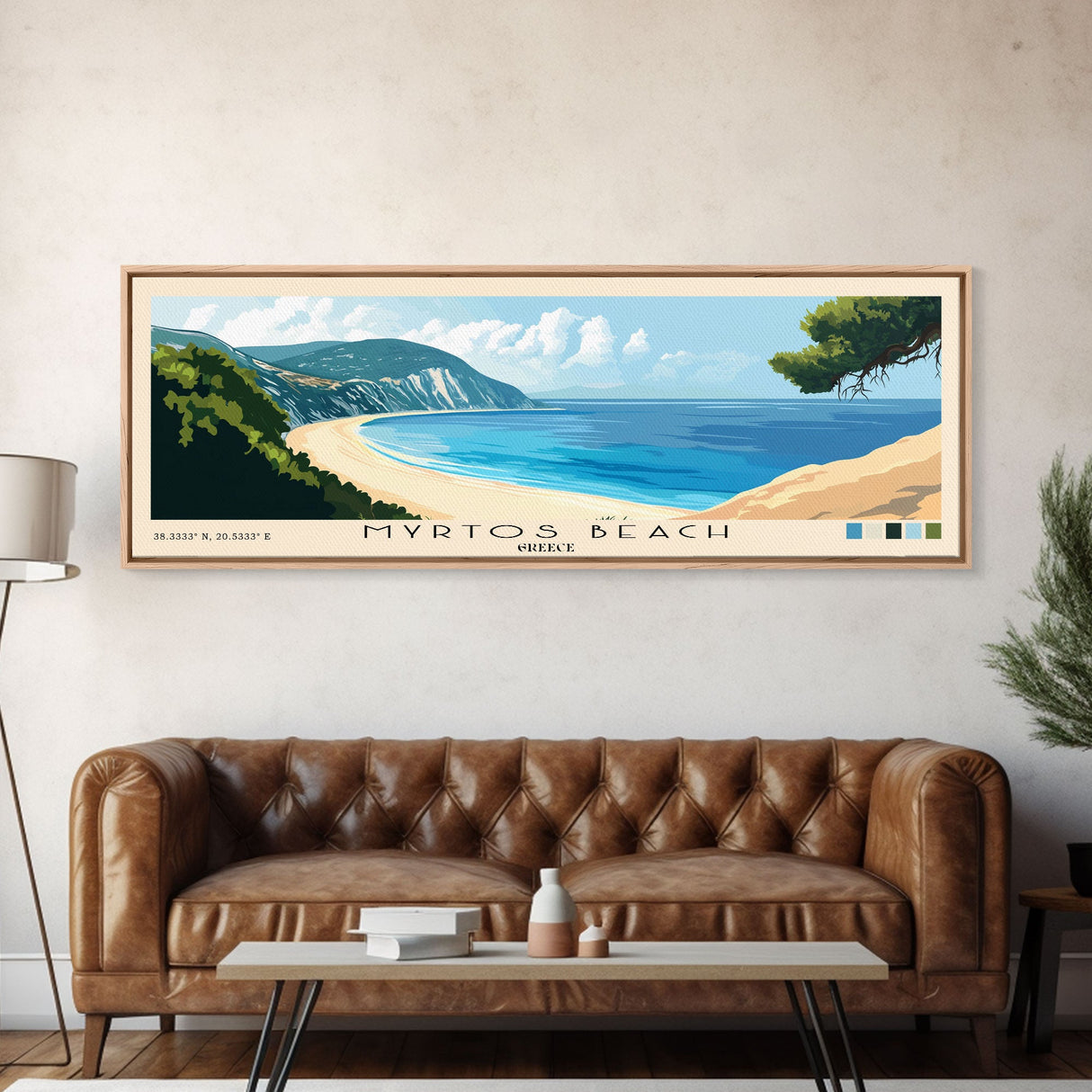 Myrtos Beach, Greece Panoramic Print, Vacation Gift, Greece Wall Art, Beach Painting, Beach Decor, Beach Or Lakehouse Art