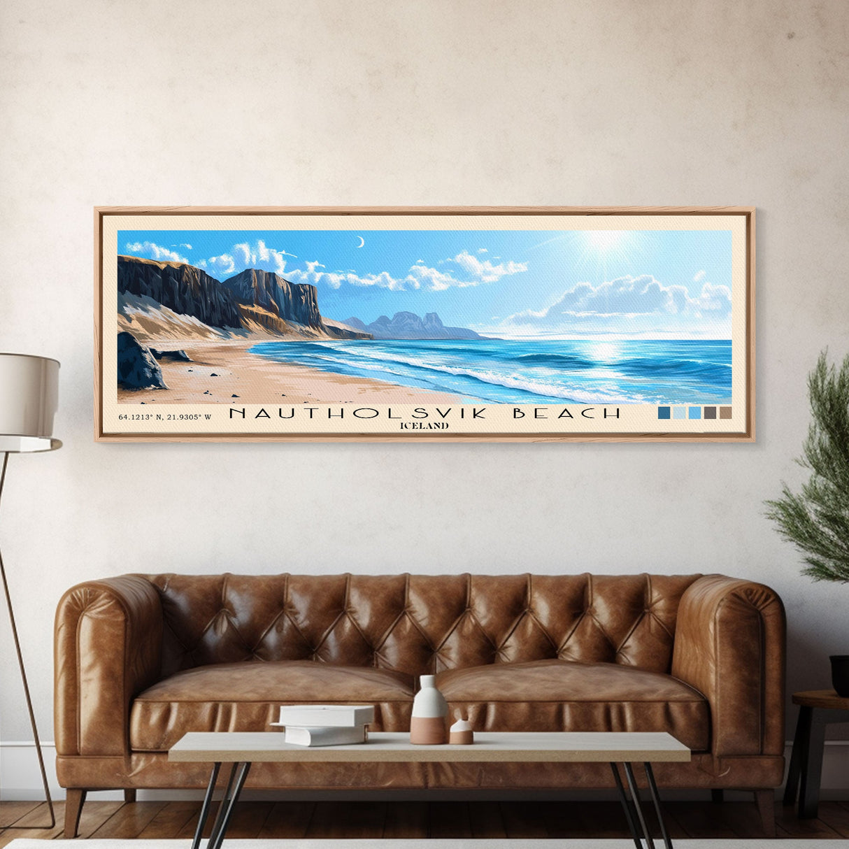 Nautholsvik Beach, Iceland Panoramic Print, Vacation Gift, Iceland Wall Art, Beach Painting, Beach Decor, Large Wall Art, Wood Frame Art