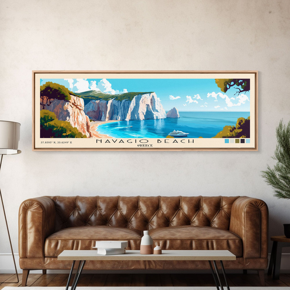 Navagio Beach, Greece Panoramic Beach Print, Vacation Gift, Greece Wall Art, Framed Canvas Print, Framed Beach Painting