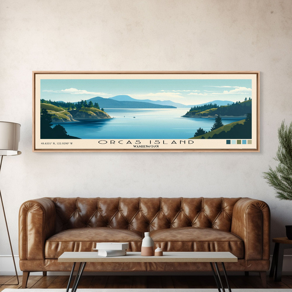 Orcas Island, Washington Panoramic Beach Print, Vacation Gift, Washington Wall Art, Framed Canvas Print, Framed Beach Painting