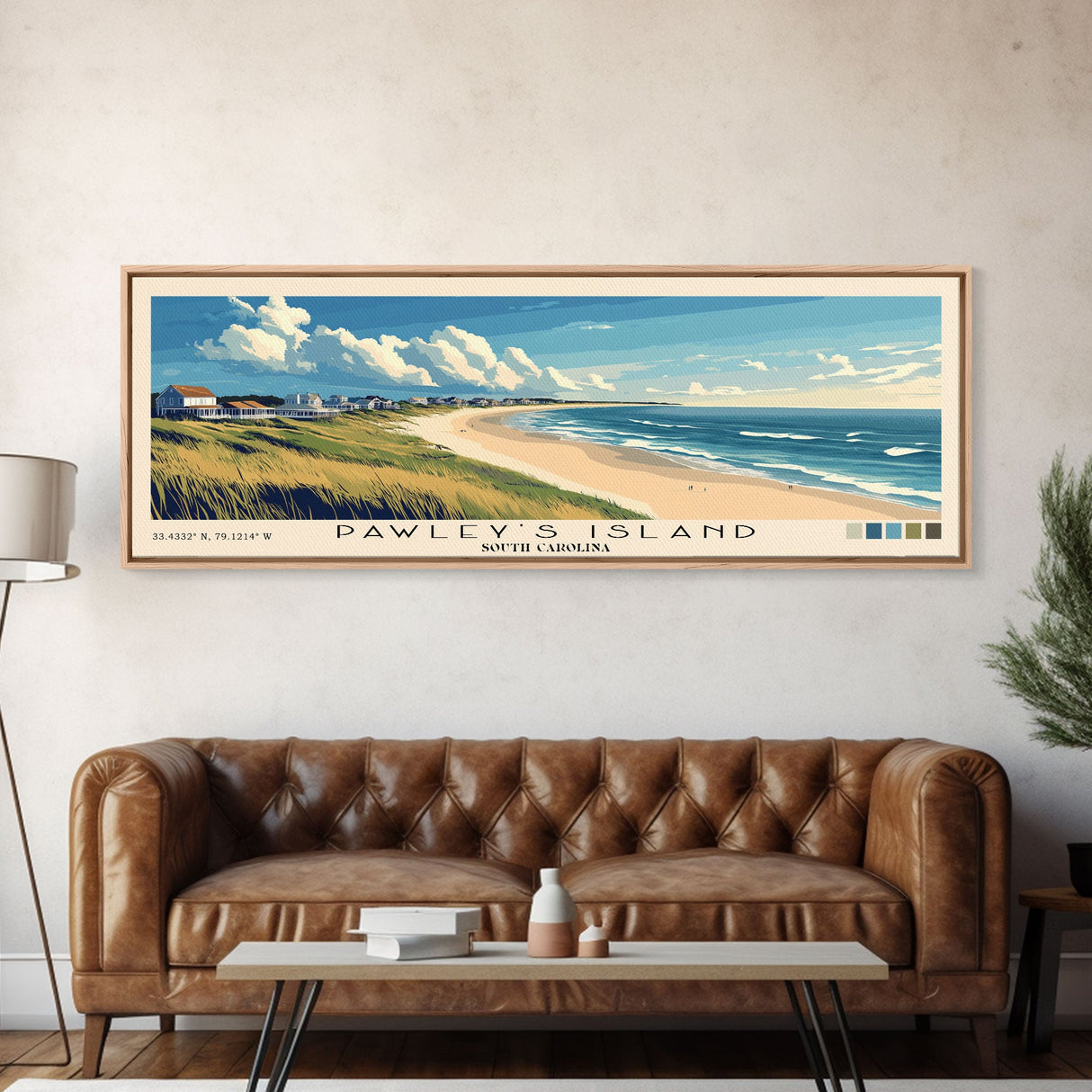 Pawley's Island, South Carolina Panoramic Beach Print, Vacation Gift, South Carolina Wall Art, Framed Canvas Print, Framed Beach Painting