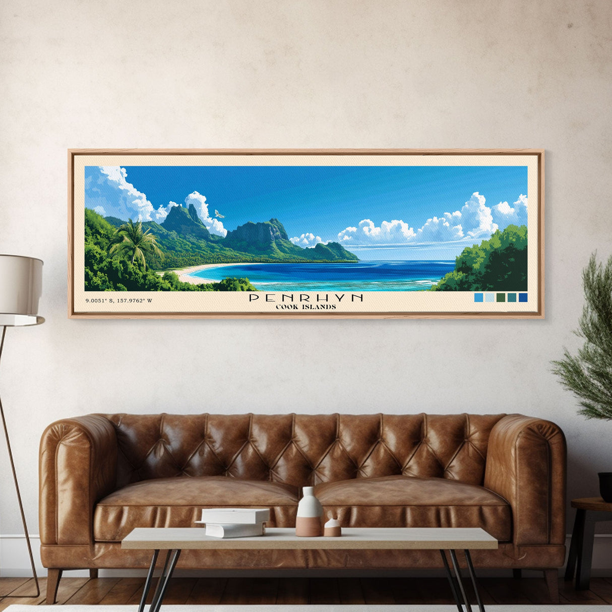 Penrhyn, Cook Islands Panoramic Beach Print, Vacation Gift, Cook Islands Wall Art, Framed Canvas Print, Framed Beach Painting