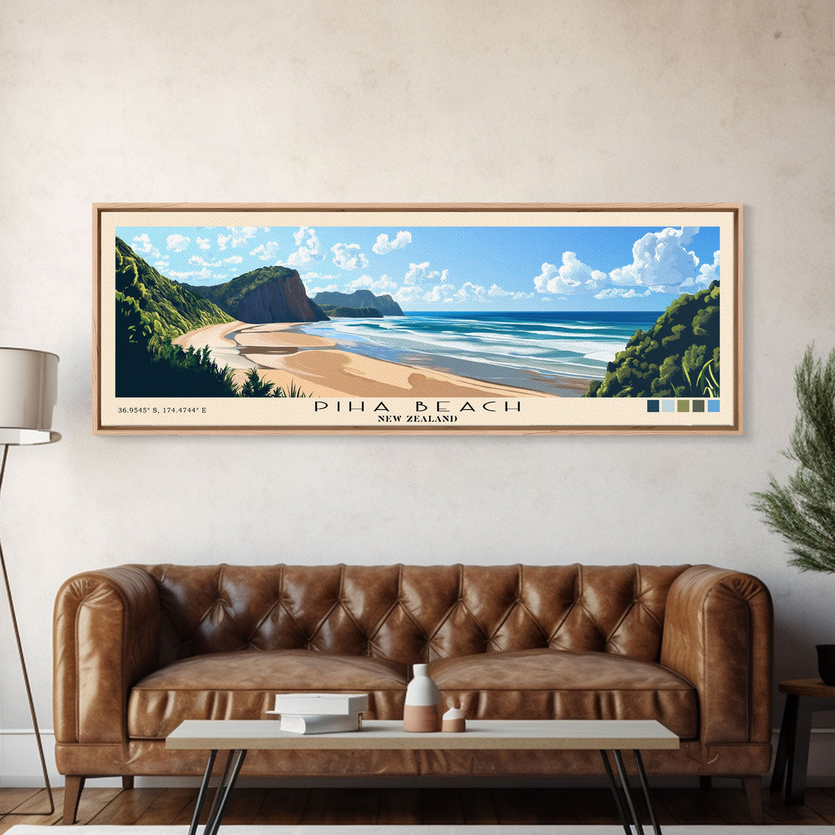 Piha Beach, New Zealand Panoramic Print, Vacation Gift, New Zealand Wall Art, Beach Painting, Beach Decor, Beach Or Lakehouse Art