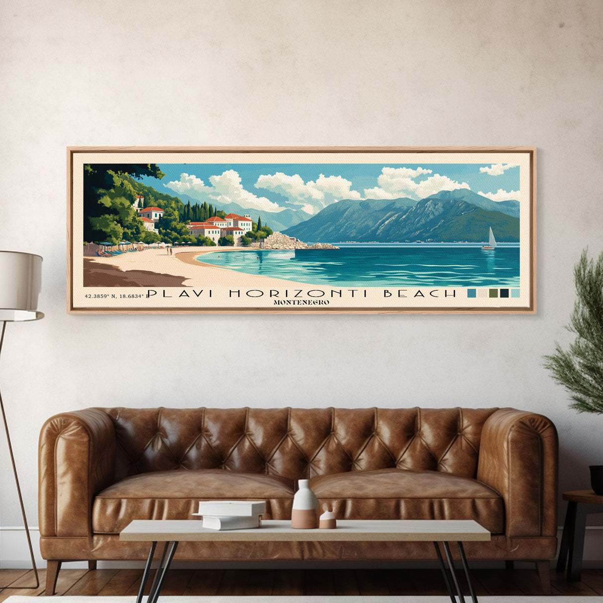 Plavi Horizonti Beach, Montenegro Panoramic Print, Vacation Gift, Montenegro Wall Art, Beach Painting, Beach Decor, Large Wall Art, Wood Frame Art