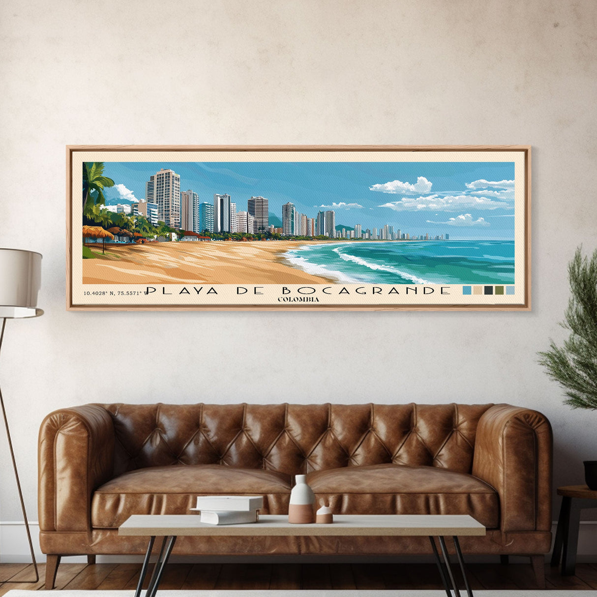 Playa de Bocagrande, Colombia Panoramic Beach Print, Vacation Gift, Colombia Wall Art, Framed Canvas Print, Framed Beach Painting