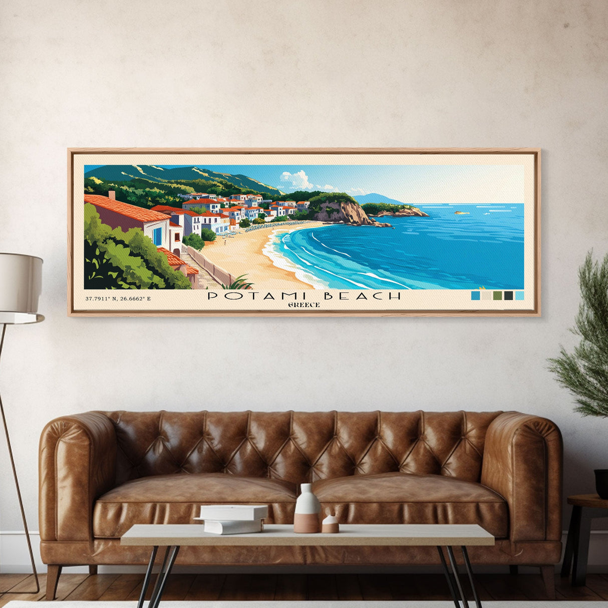 Potami Beach, Greece Panoramic Beach Print, Vacation Gift, Greece Wall Art, Framed Canvas Print, Framed Beach Painting