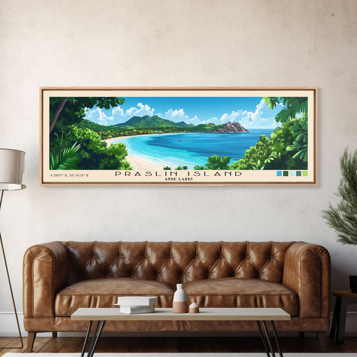 Praslin Island, Anse Lazio Panoramic Beach Print, Vacation Gift, Anse Lazio Wall Art, Framed Canvas Print, Framed Beach Painting