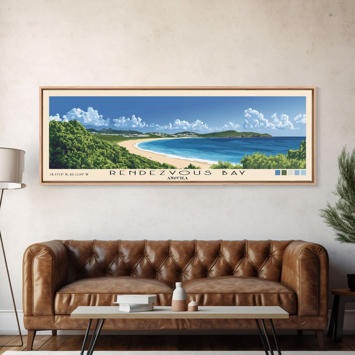 Rendezvous Bay, Anguila Panoramic Beach Print, Vacation Gift, Anguila Wall Art, Framed Canvas Print, Framed Beach Painting