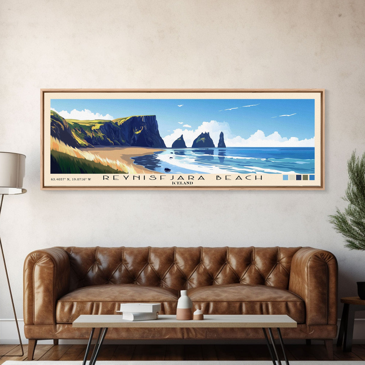 Reynisfjara Beach, Iceland Panoramic Beach Print, Vacation Gift, Iceland Wall Art, Framed Canvas Print, Framed Beach Painting