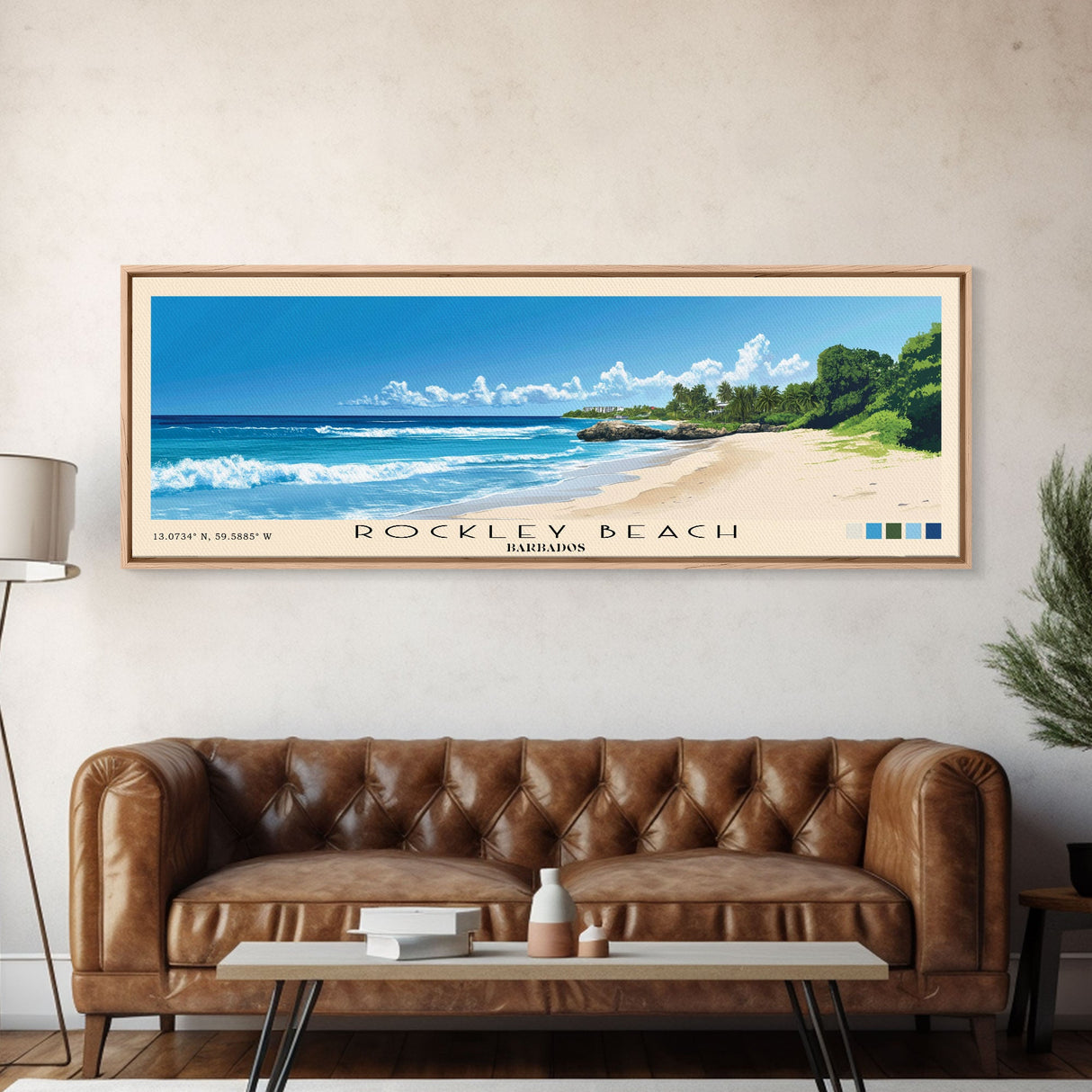 Rockley Beach, Barbados Panoramic Beach Print, Vacation Gift, Barbados Wall Art, Framed Canvas Print, Framed Beach Painting