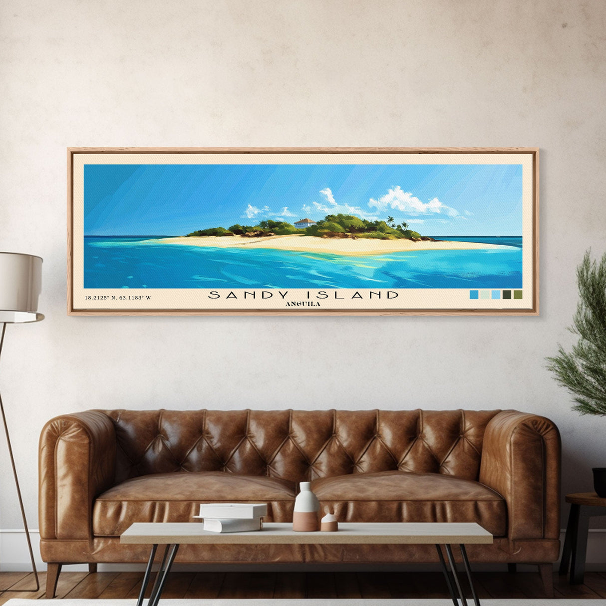 Sandy Island, Anguila Panoramic Print, Vacation Gift, Anguila Wall Art, Beach Painting, Beach Decor, Large Wall Art, Wood Frame Art