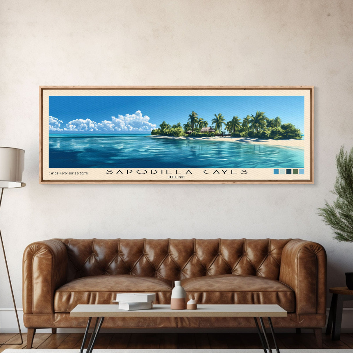 Sapodilla Cayes, Belize Panoramic Beach Print, Vacation Gift, Belize Wall Art, Framed Canvas Print, Framed Beach Painting