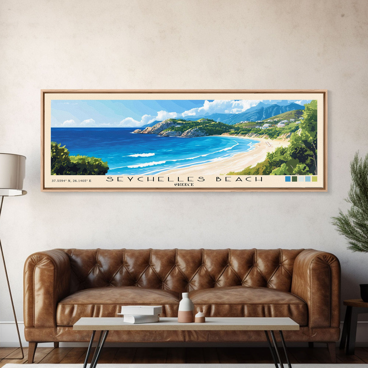 Seychelles Beach, Greece Panoramic Beach Print, Vacation Gift, Greece Wall Art, Framed Canvas Print, Framed Beach Painting