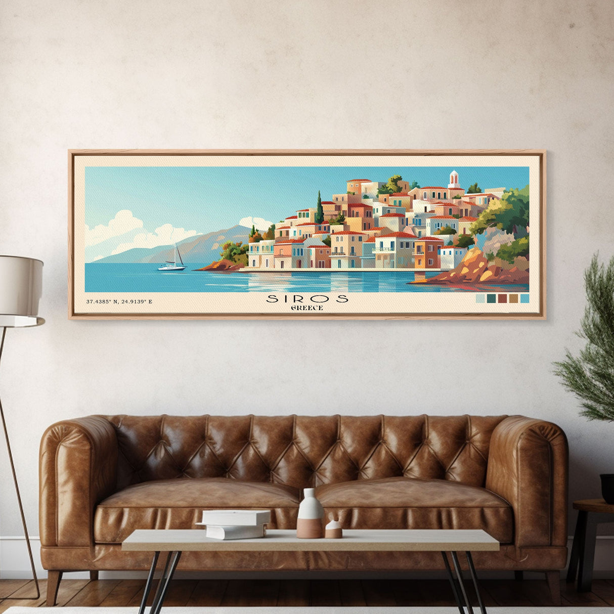 Siros, Greece Panoramic Print, Vacation Gift, Greece Wall Art, Beach Painting, Beach Decor, Beach Or Lakehouse Art