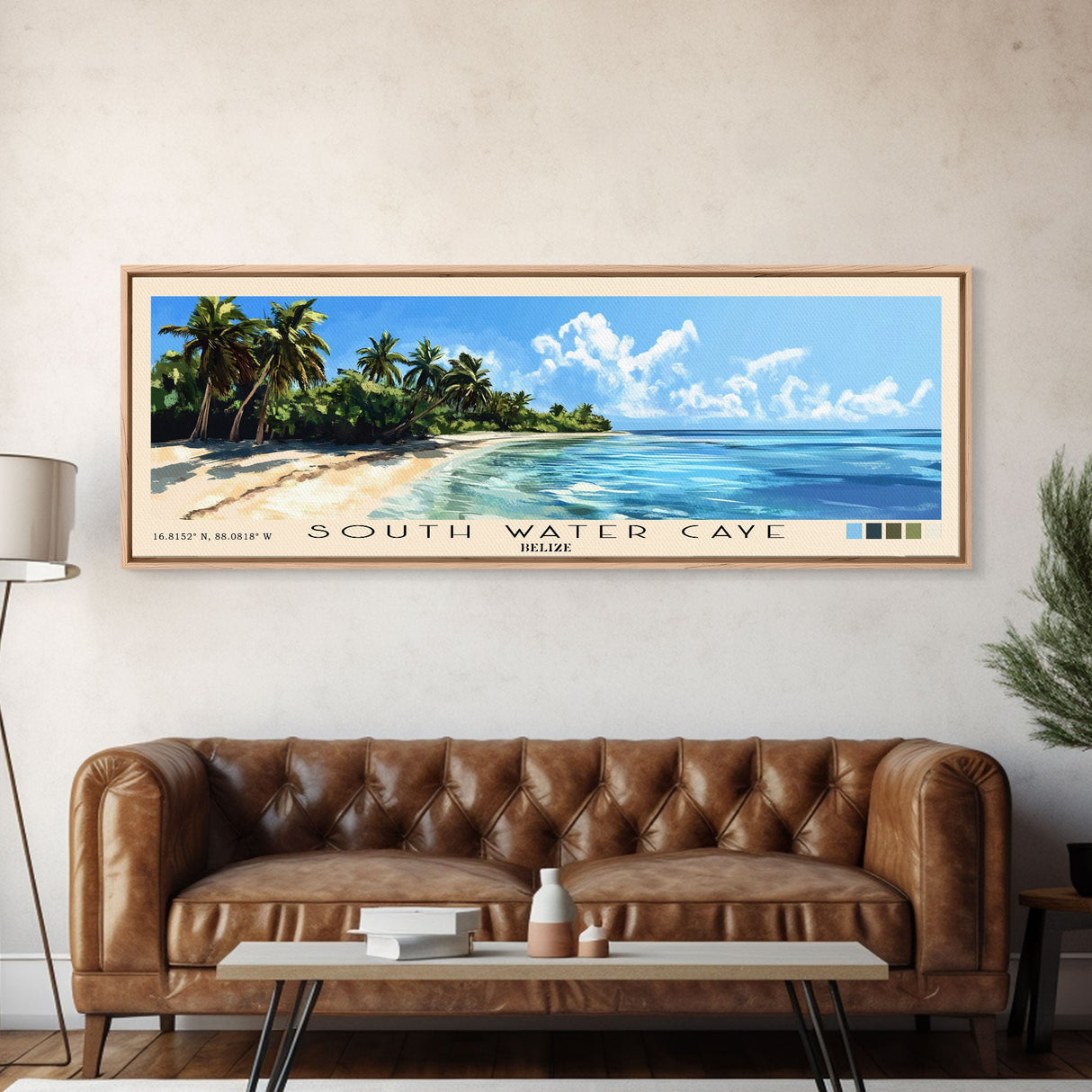 South Water Caye, Belize Panoramic Beach Print, Vacation Gift, Belize Wall Art, Framed Canvas Print, Framed Beach Painting