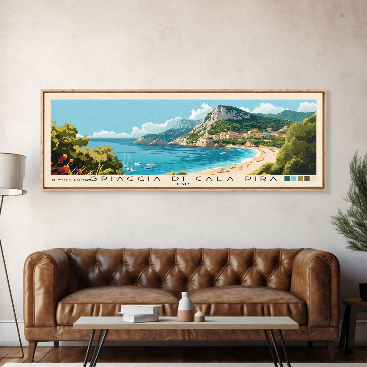 Spiaggia di Cala Pira, Italy Panoramic Beach Print, Vacation Gift, Italy Wall Art, Framed Canvas Print, Framed Beach Painting