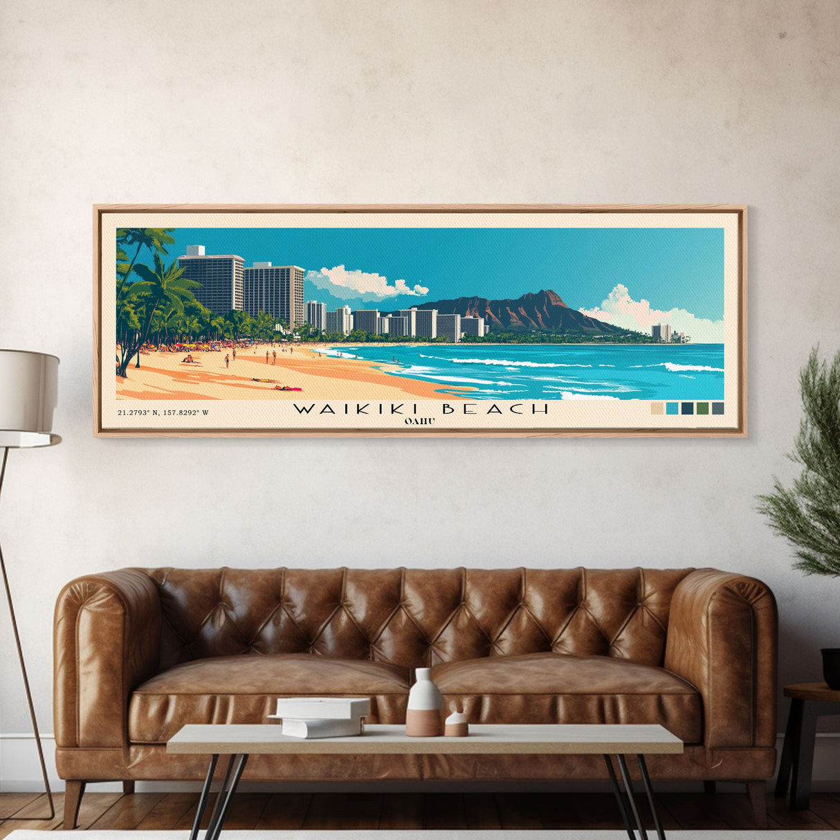 Waikiki Beach, Oahu Panoramic Beach Print, Vacation Gift, Oahu Wall Art, Beach Painting, Beach Decor, Beach Painting