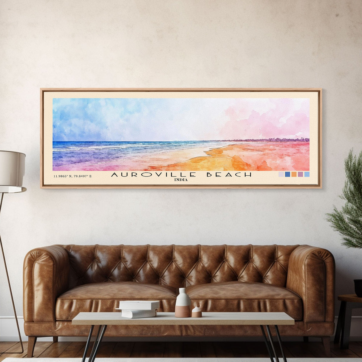 Auroville Beach, India Watercolor Beach Print, Vacation Gift, India Wall Art, Framed Canvas Print, Framed Beach Painting