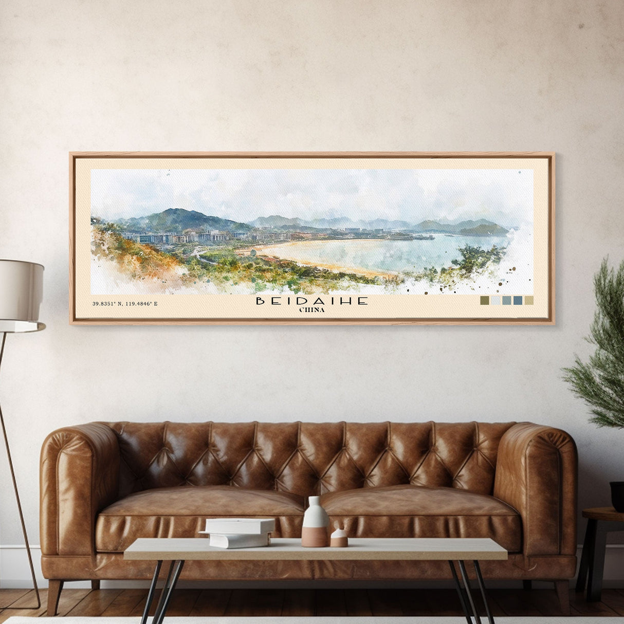 Beidaihe, China Watercolor Beach Print, Vacation Gift, China Wall Art, Framed Canvas Print, Framed Beach Painting