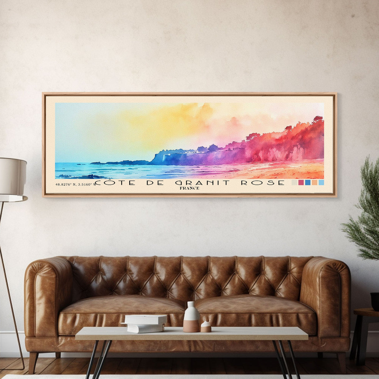 Côte de Granit Rose, France Watercolor Beach Print, Vacation Gift, France Wall Art, Framed Canvas Print, Framed Beach Painting