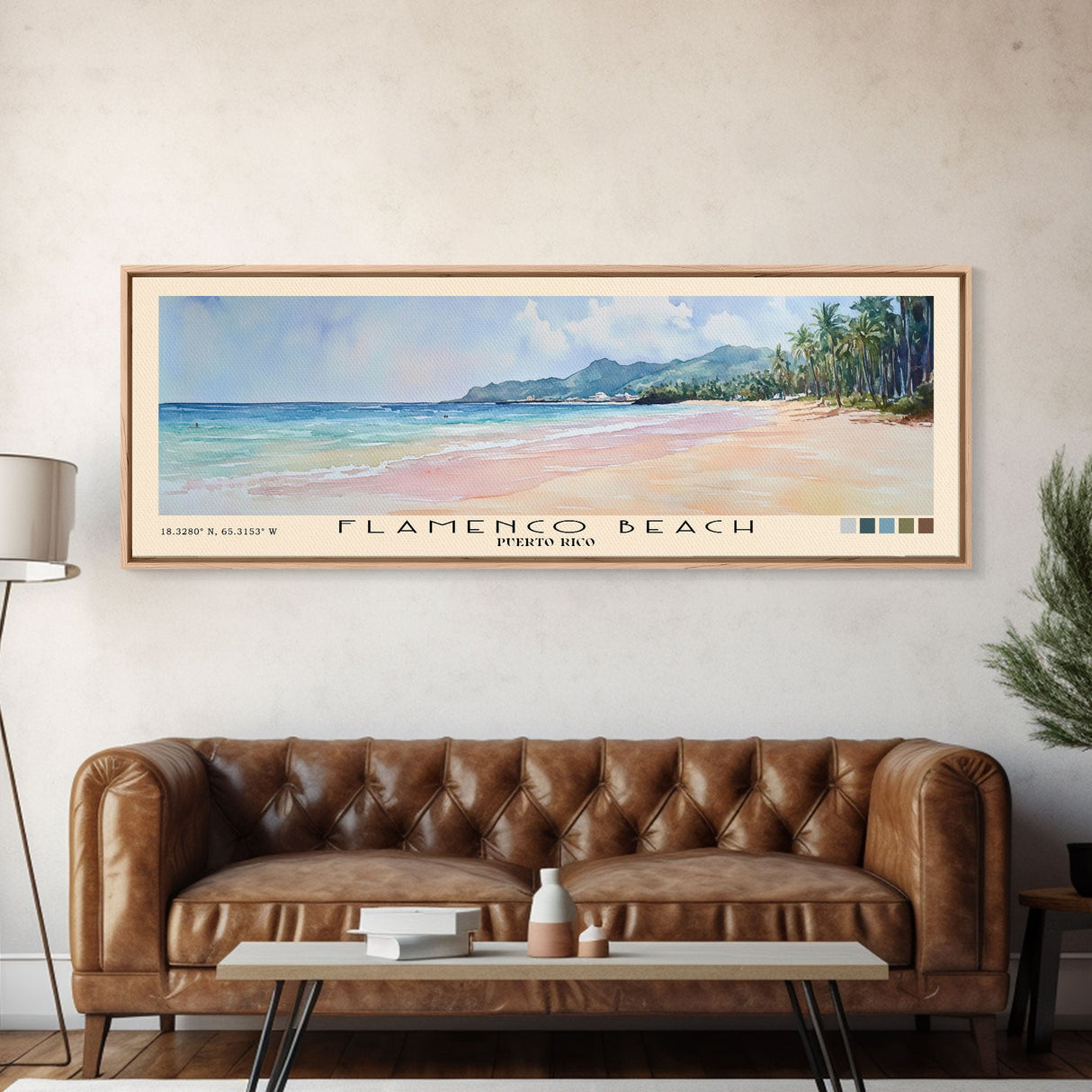 Flamenco Beach, Puerto Rico Watercolor Beach Print, Vacation Gift, Puerto Rico Wall Art, Framed Canvas Print, Framed Beach Painting