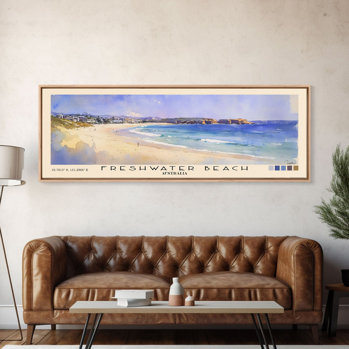 Freshwater Beach, Australia Watercolor Beach Print, Vacation Gift, Australia Wall Art, Framed Canvas Print, Framed Beach Painting