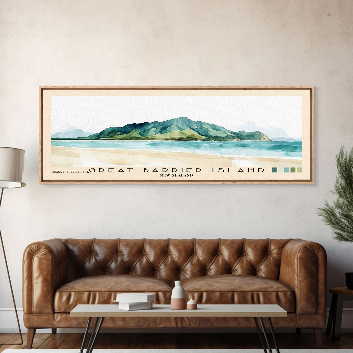 Great Barrier Island, New Zealand Watercolor Beach Print, Vacation Gift, New Zealand Wall Art, Framed Canvas Print, Framed Beach Painting