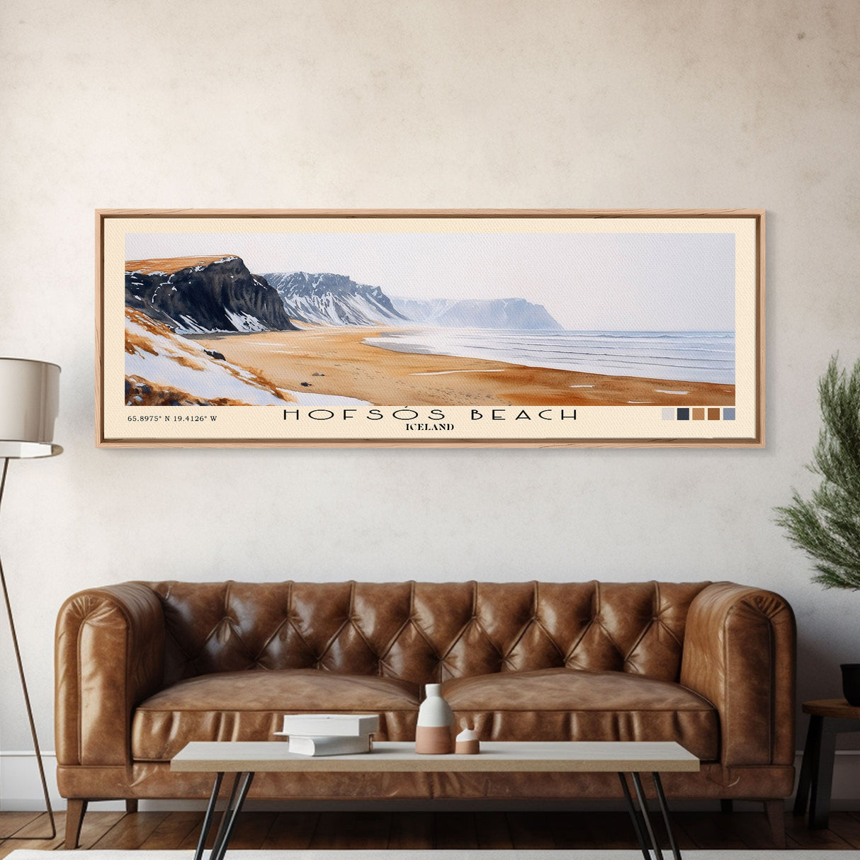 Hofsós Beach, Iceland Watercolor Beach Print, Vacation Gift, Iceland Wall Art, Framed Canvas Print, Framed Beach Painting