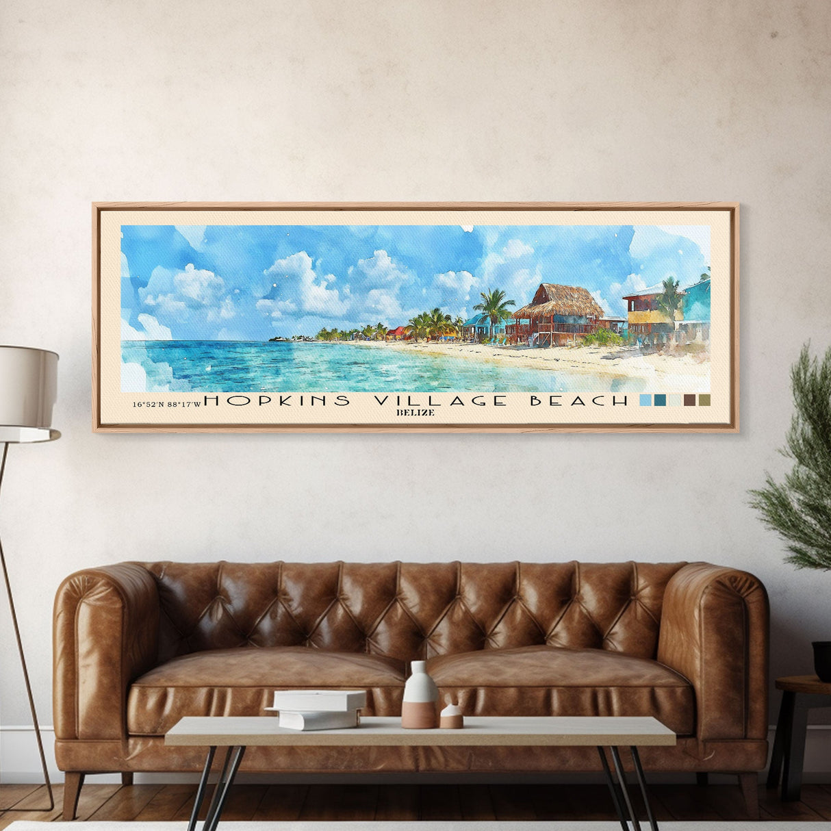 Hopkins Village Beach, Belize Watercolor Beach Print, Vacation Gift, Belize Wall Art, Framed Canvas Print, Framed Beach Painting