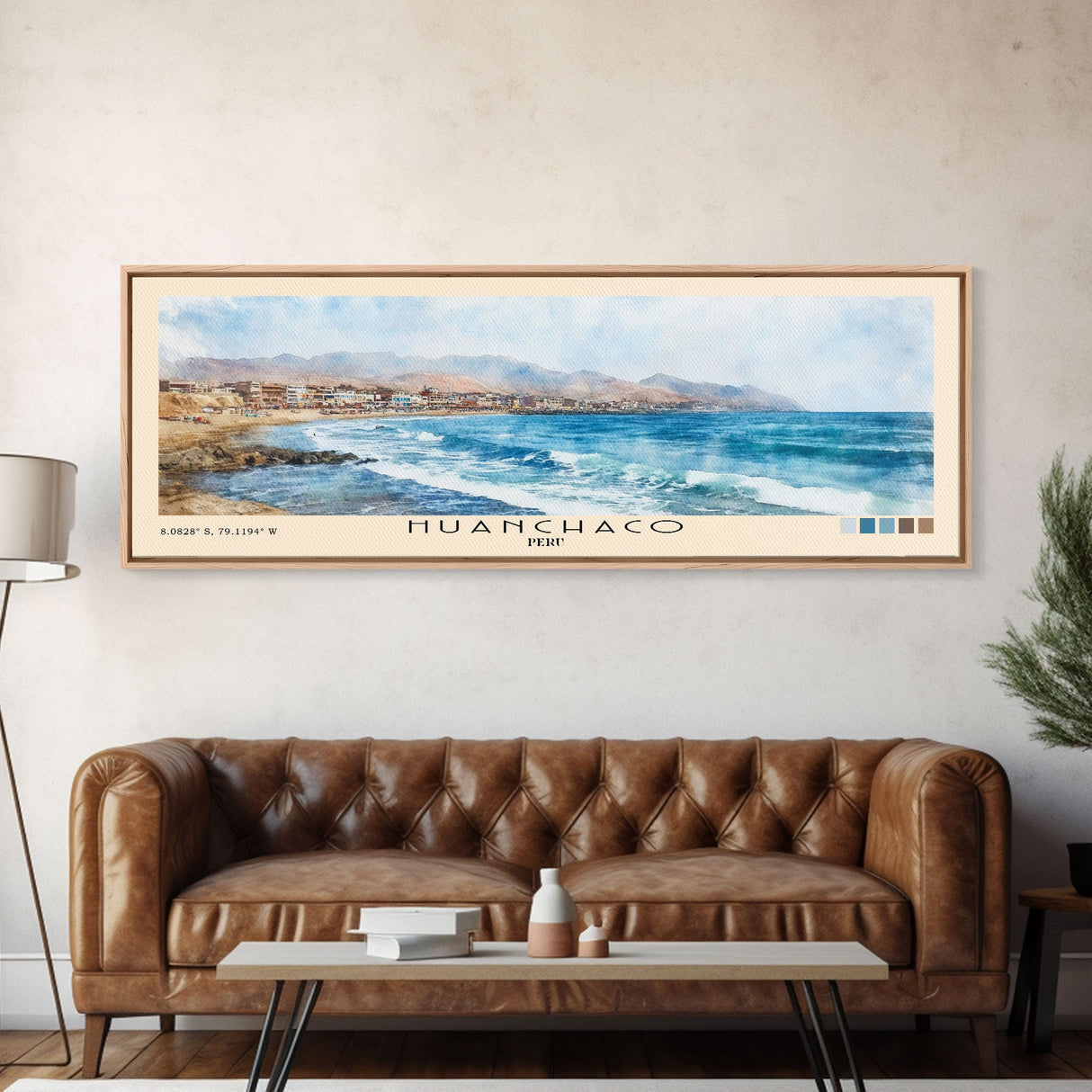 Huanchaco, Peru Watercolor Beach Print, Vacation Gift, Peru Wall Art, Framed Canvas Print, Framed Beach Painting